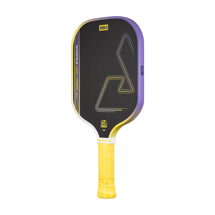 The JOOLA Heat Vision Scorpeus 16mm Pickleball Paddle features a black face with yellow accents, geometric design, and a yellow grip handle.