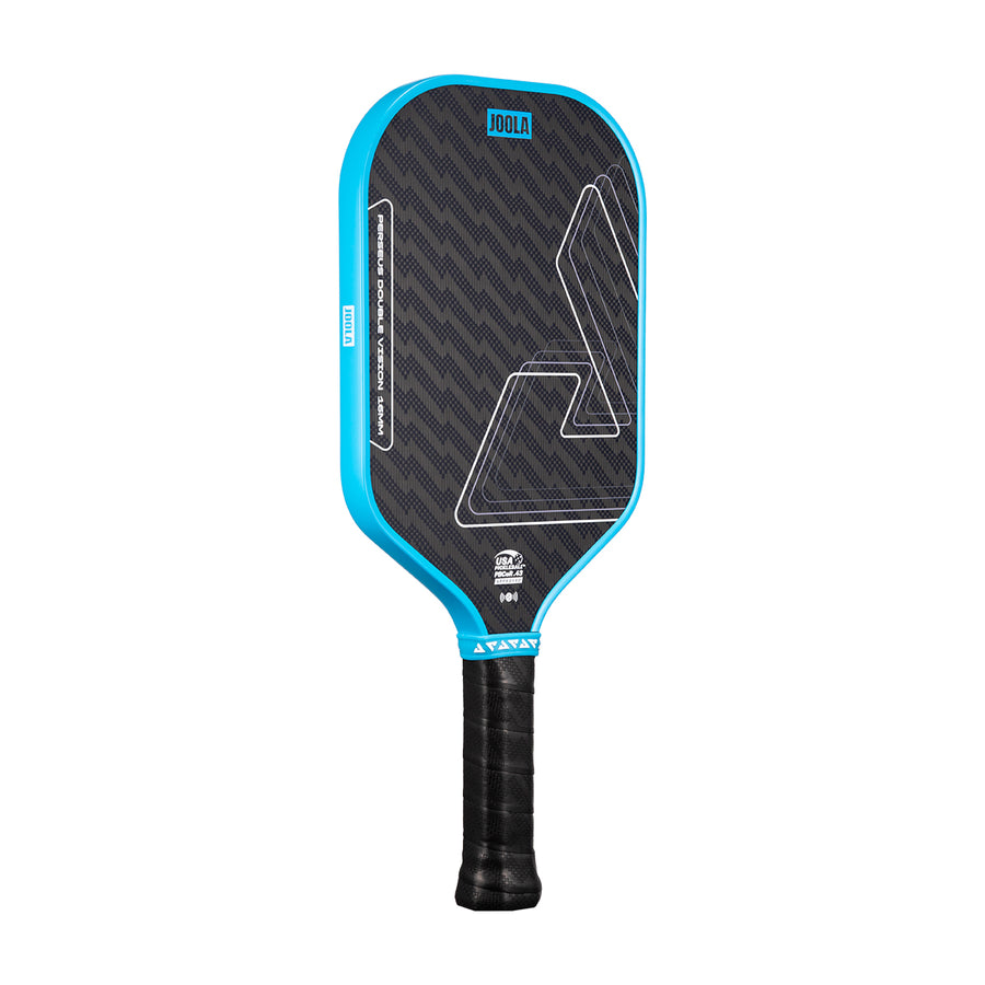 The JOOLA Double Vision Perseus 16mm Pickleball Paddle features a black and blue design, textured surface, black grip handle, and advanced Double Vision technology for top performance.