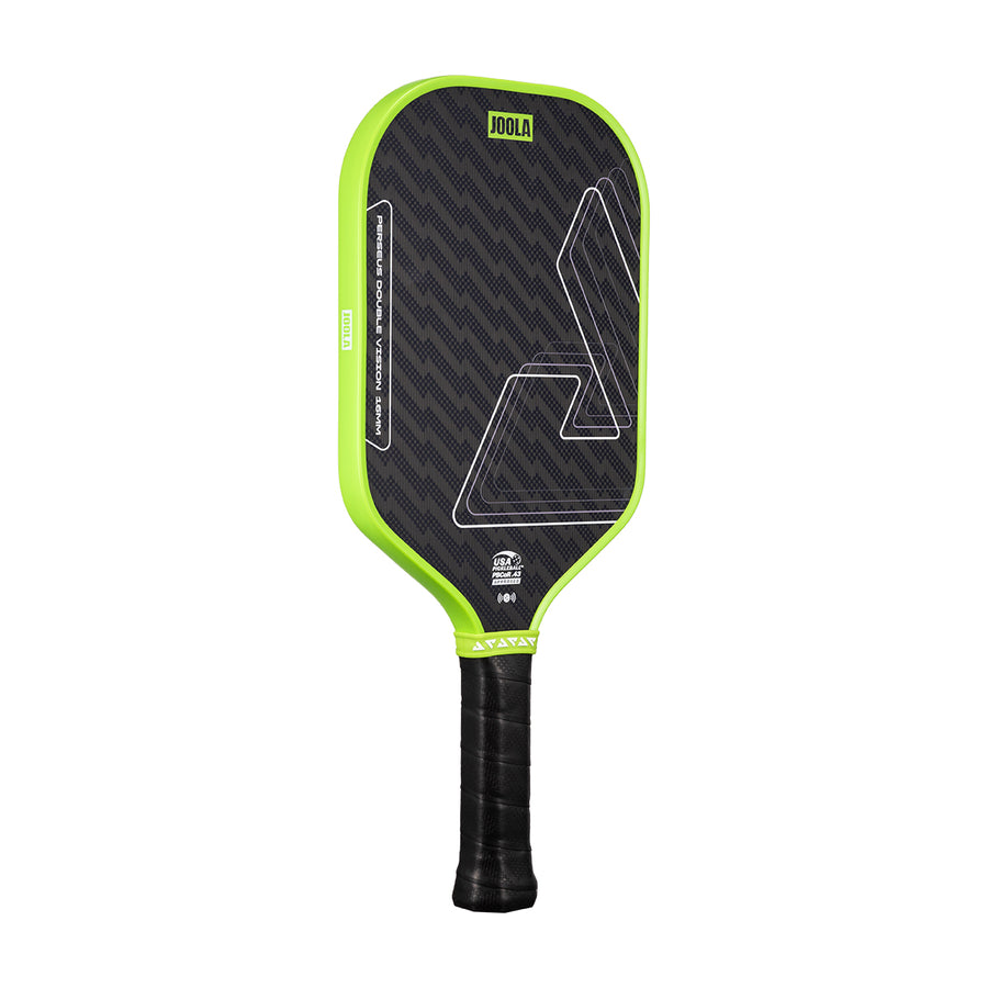 The JOOLA Double Vision Perseus 16mm Pickleball Paddle by JOOLA features a black face, green edges, and a black grip, displayed against a white background.