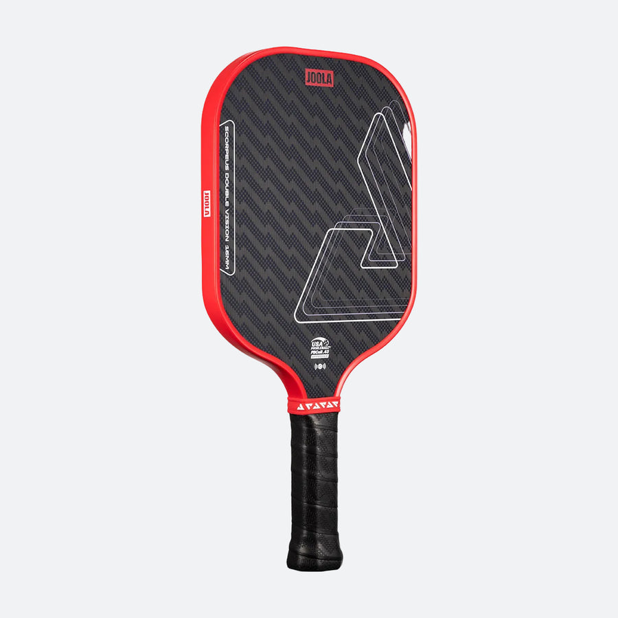 The JOOLA Double Vision Scorpeus 16mm Pickleball Paddle features a black textured face, red edge guard, and black grip—perfect for advanced players—and is shown against a plain light gray background.