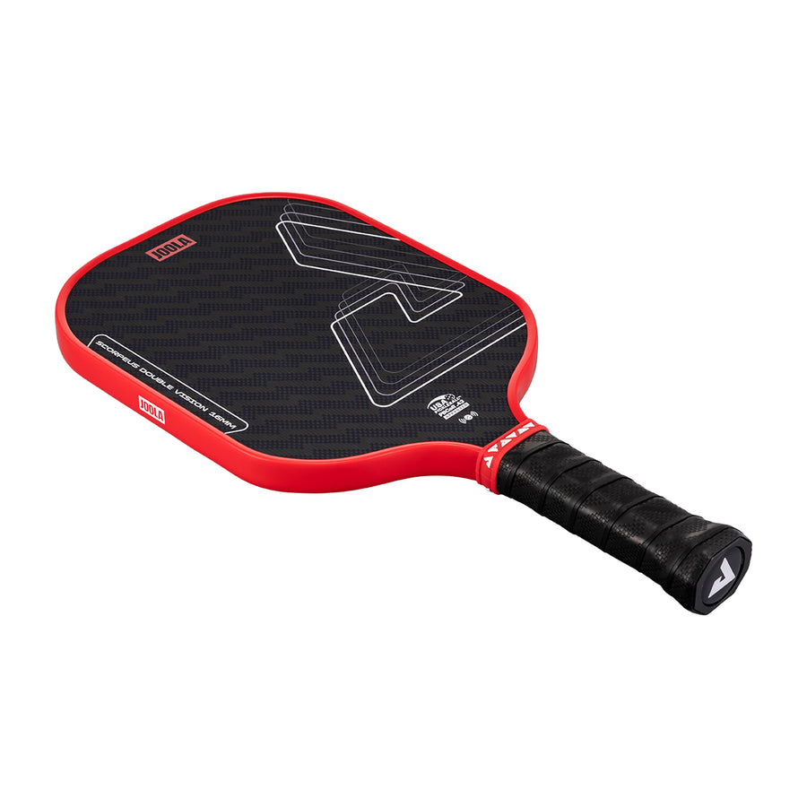 The JOOLA Double Vision Scorpeus 16mm Pickleball Paddle for advanced players features a black and red geometric face, textured surface, and wrapped handle, shown on a white background.