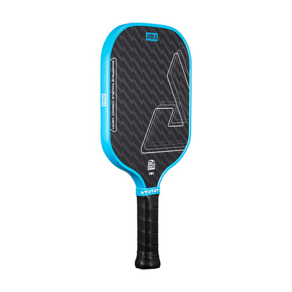 The JOOLA Double Vision Scorpeus 16mm Pickleball Paddle features a black and blue geometric design, textured surface, and black wrapped handle—ideal for advanced players who want top performance and style.