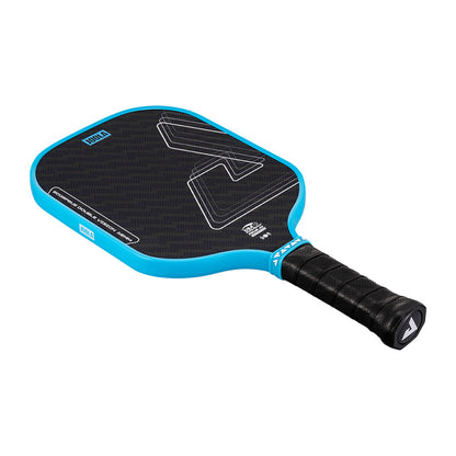 The JOOLA Double Vision Scorpeus 16mm Pickleball Paddle features a black textured surface, blue edge, geometric design, and black grip—perfect for advanced players wanting top performance.
