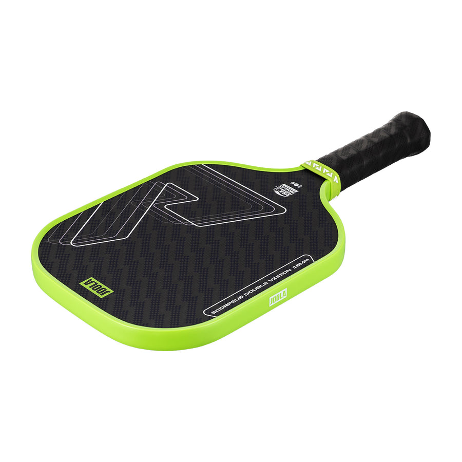 The JOOLA Double Vision Scorpeus 16mm Pickleball Paddle features a black body with neon green accents, a textured surface, and geometric design—perfect for advanced players who value precision and style.