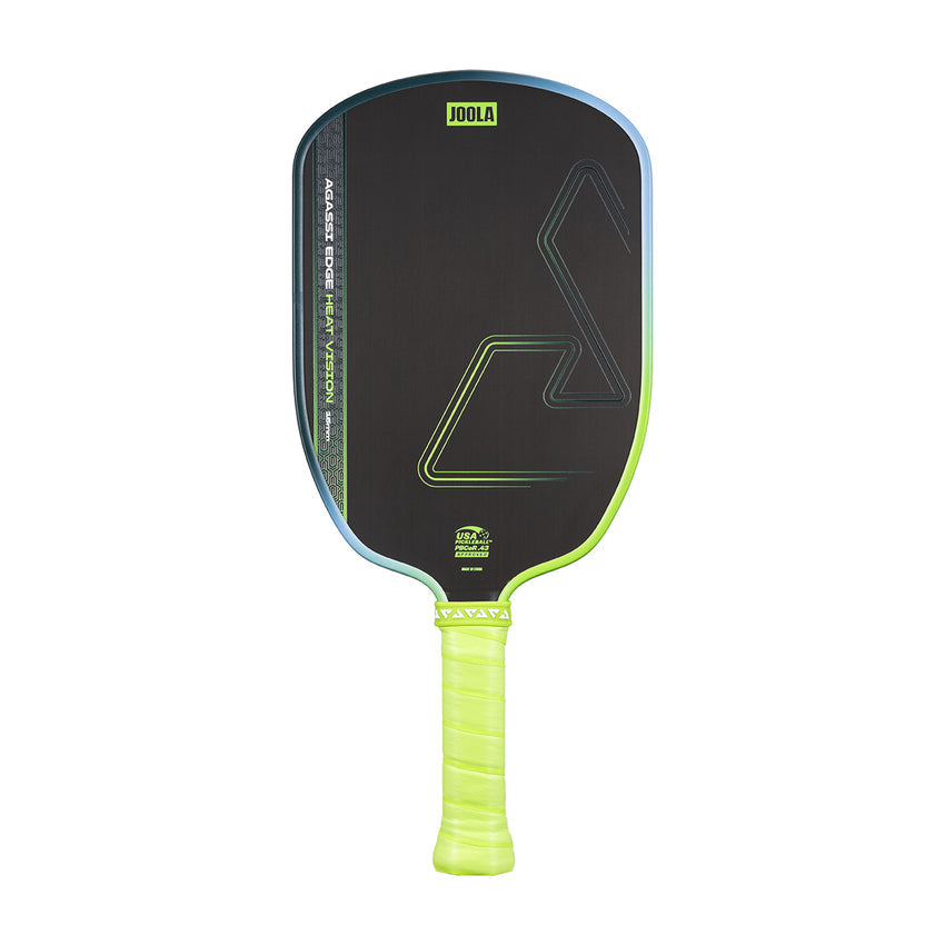 The JOOLA Heat Vision Agassi Edge 16mm Pickleball Paddle features a black face with green accents, a vivid green handle, and geometric designs, all enhanced with Heat Vision technology for top-level performance.