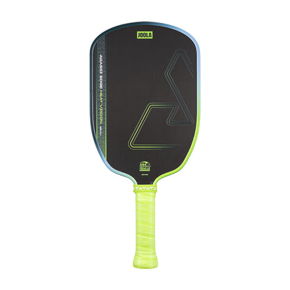 The JOOLA Heat Vision Agassi Edge 16mm Pickleball Paddle features a black face with green accents, a vivid green handle, and geometric designs, all enhanced with Heat Vision technology for top-level performance.