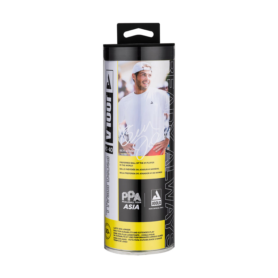 A cylindrical container of Pickleballist JOOLA HC-40 Pickleballs - Shock Yellow, with a sports-themed label and logos, is ideal for players seeking durable pickleballs for every match.