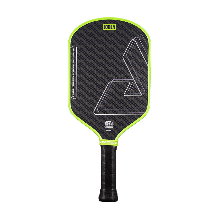 The JOOLA Double Vision Hyperion 16mm Pickleball Paddle features a black and green geometric design, a textured surface, and a black grip handle.