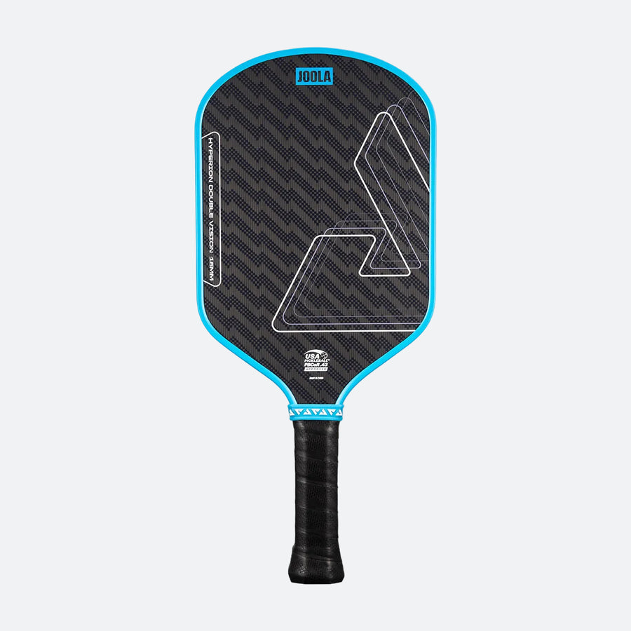 The JOOLA Double Vision Hyperion 16mm Pickleball Paddle features a black and blue design, a textured carbon surface, and a black grip handle, displayed against a plain light background.