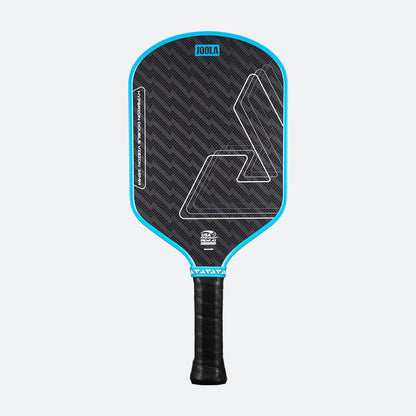 The JOOLA Double Vision Hyperion 16mm Pickleball Paddle features a black and blue design, a textured carbon surface, and a black grip handle, displayed against a plain light background.