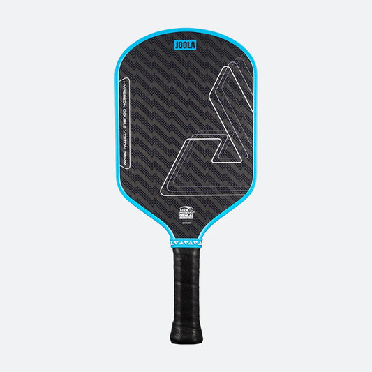 The JOOLA Double Vision Hyperion 16mm Pickleball Paddle features a black and blue design, a textured carbon surface, and a black grip handle, displayed against a plain light background.