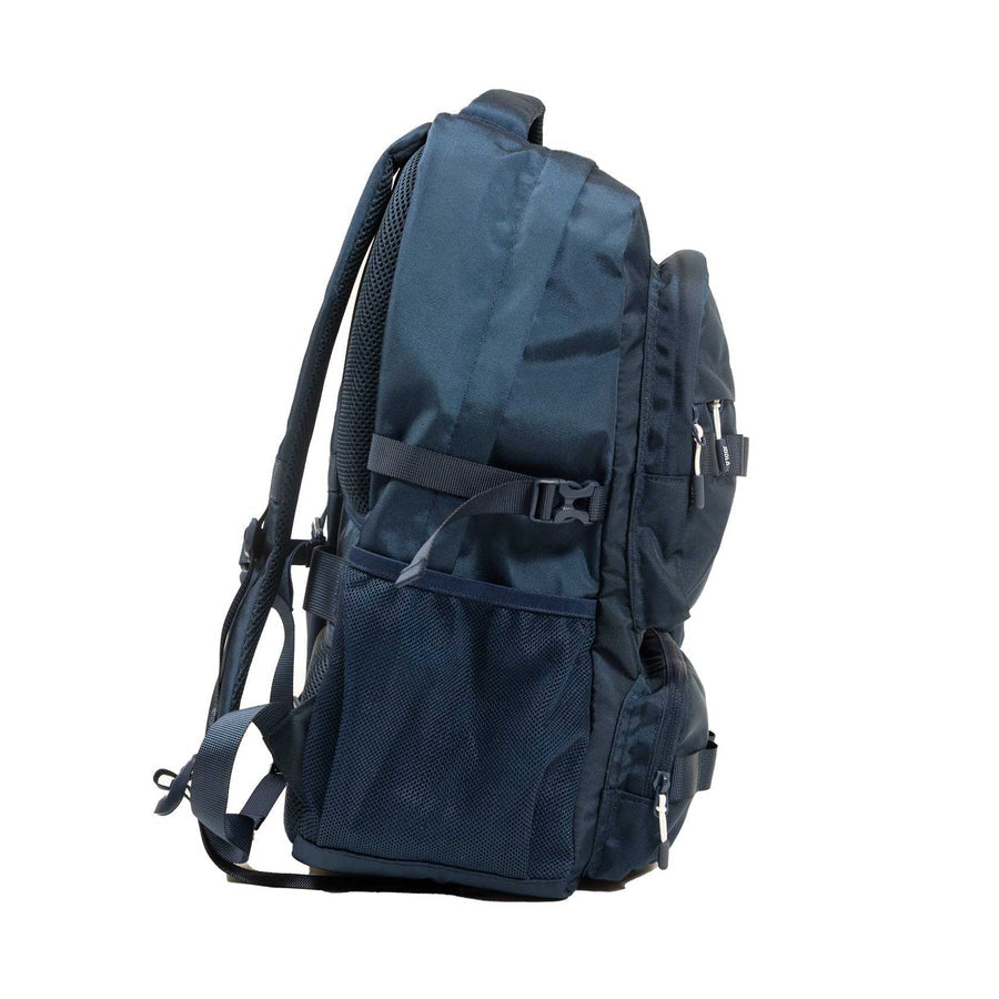 Side view of the JOOLA Utility Backpack by JOOLA, a black bag with multiple zippered compartments, mesh side pocket, adjustable shoulder straps, and top handle shown against a white background.