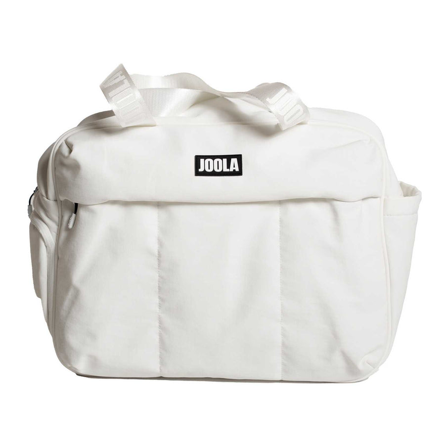 The JOOLA Overnighter Puff Bag is a white, quilted pickleball bag with front and side pockets and sturdy white handles, shown against a plain background.