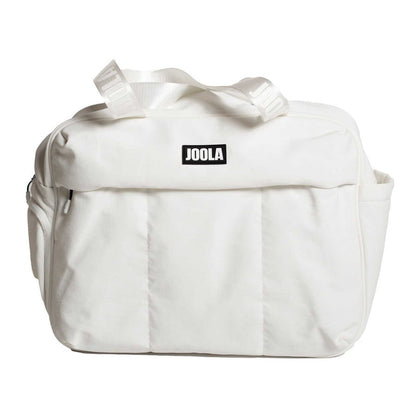 The JOOLA Overnighter Puff Bag is a white, quilted pickleball bag with front and side pockets and sturdy white handles, shown against a plain background.