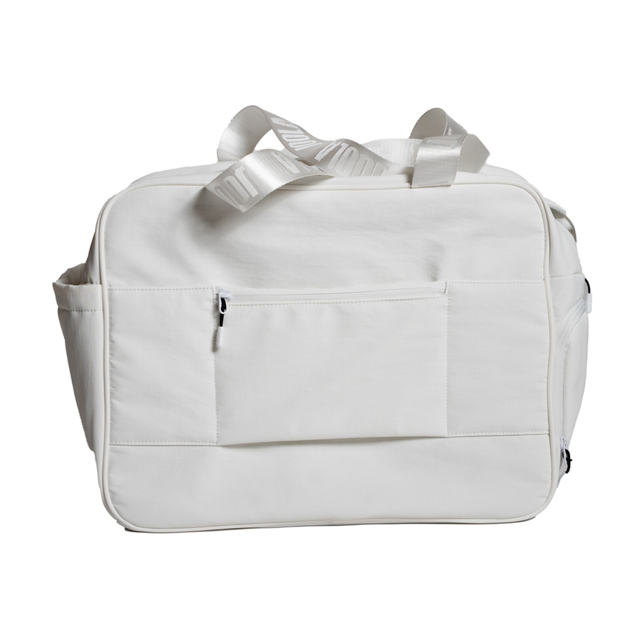 The JOOLA Overnighter Puff Bag by JOOLA is a plain white duffel with durable construction, dual handles, front zippered pocket, and side pockets—ideal as a pickleball bag—shown against a white background.