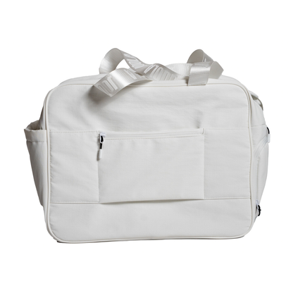 The JOOLA Overnighter Puff Bag by JOOLA is a plain white duffel with durable construction, dual handles, front zippered pocket, and side pockets—ideal as a pickleball bag—shown against a white background.