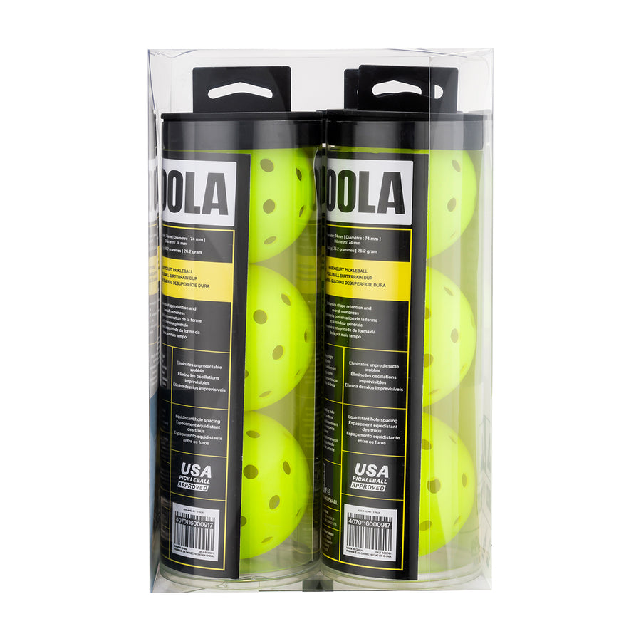 Two clear plastic tubes of durable JOOLA HC-40 Pickleballs in shock yellow by Pickleballist, each with a black lid, packed together in a transparent box.