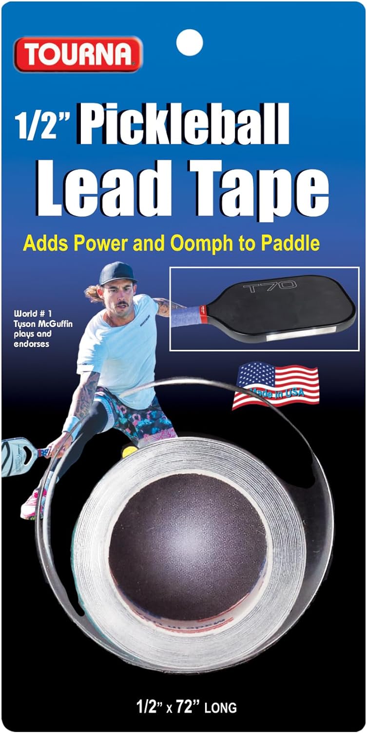 Packaging for Tourna Pickleball Lead Tape indicating it adds power to paddles. Features an image of a player, a rolled lead tape, and a paddle with the American flag. 72" long tape.