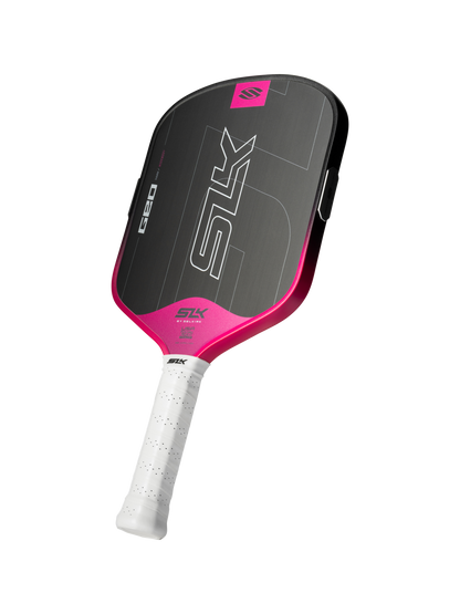 A Selkirk SLK GEO Widebody 14mm Pickleball Paddle in black and pink with a white grip, displayed against a plain white background.