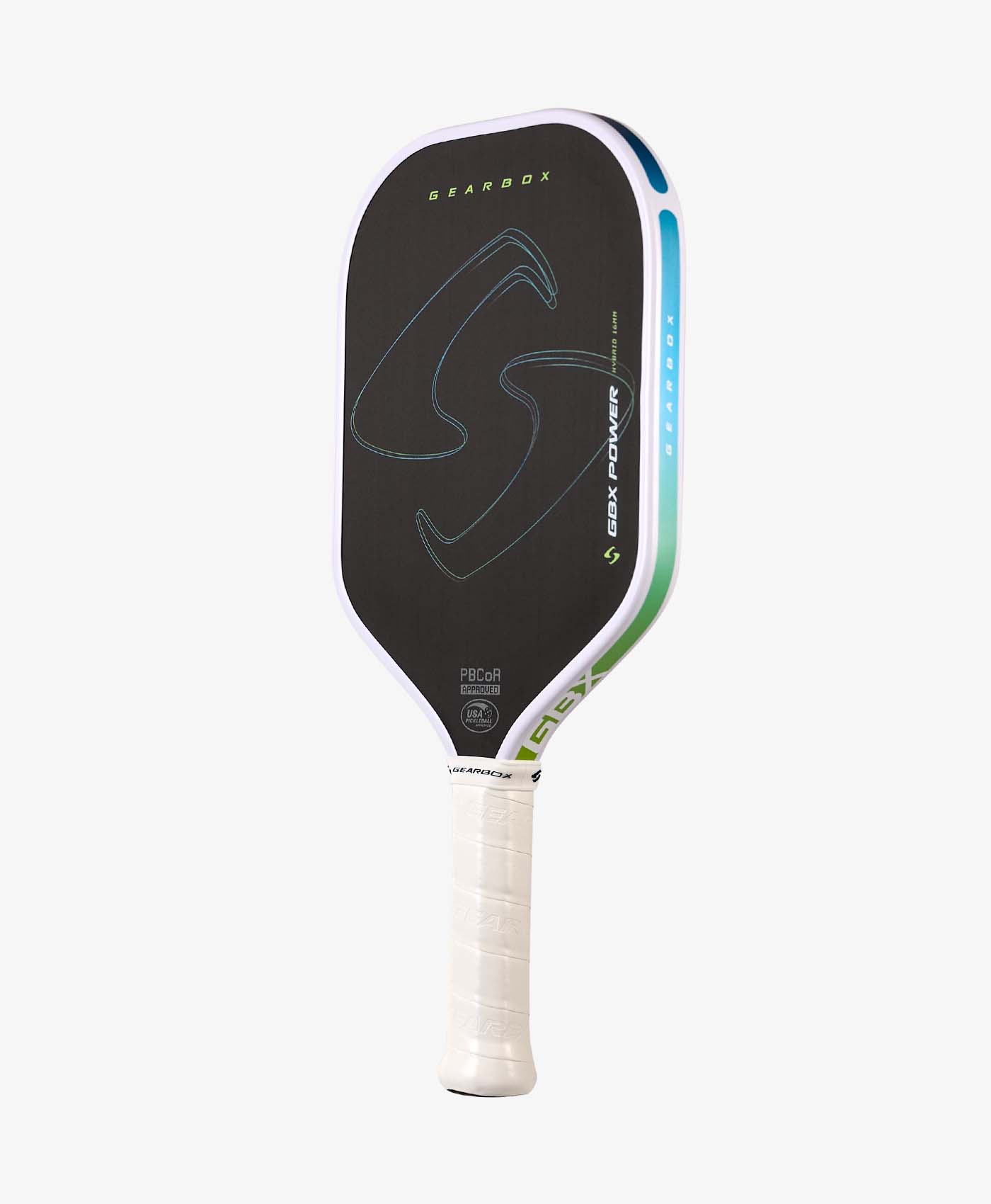 The Gearbox Sports GBX Power Hybrid - 16mm Gen-3 Honeycomb paddle features a black design with a white grip, blue and green accents, and branding on the face and side. It’s built with a honeycomb core for enhanced performance.