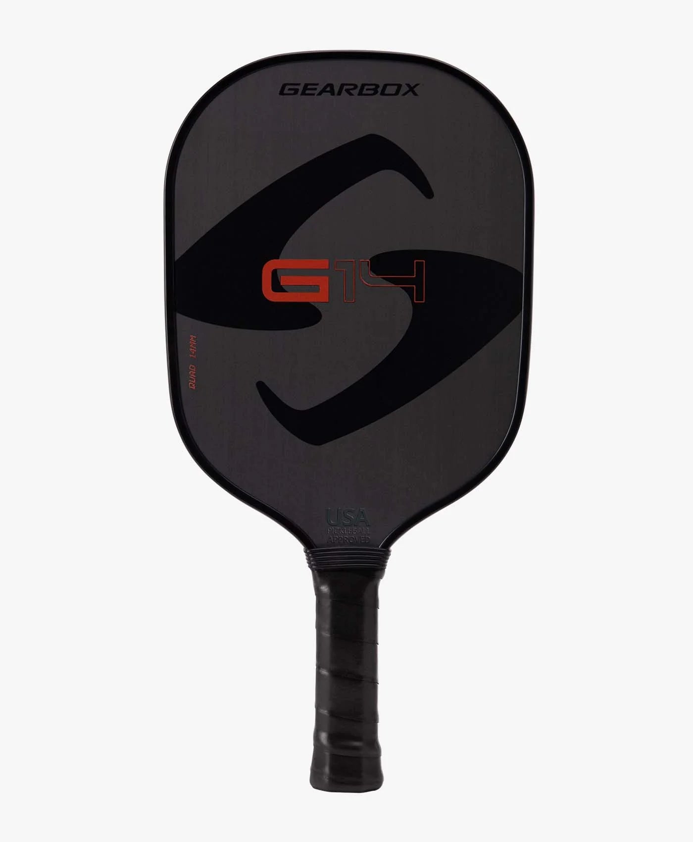 A black Gearbox G14 Quad 14mm Raw Carbon Fiber Pickleball Paddle featuring a dark handle and a prominent "G14" logo in red and grey on the face.