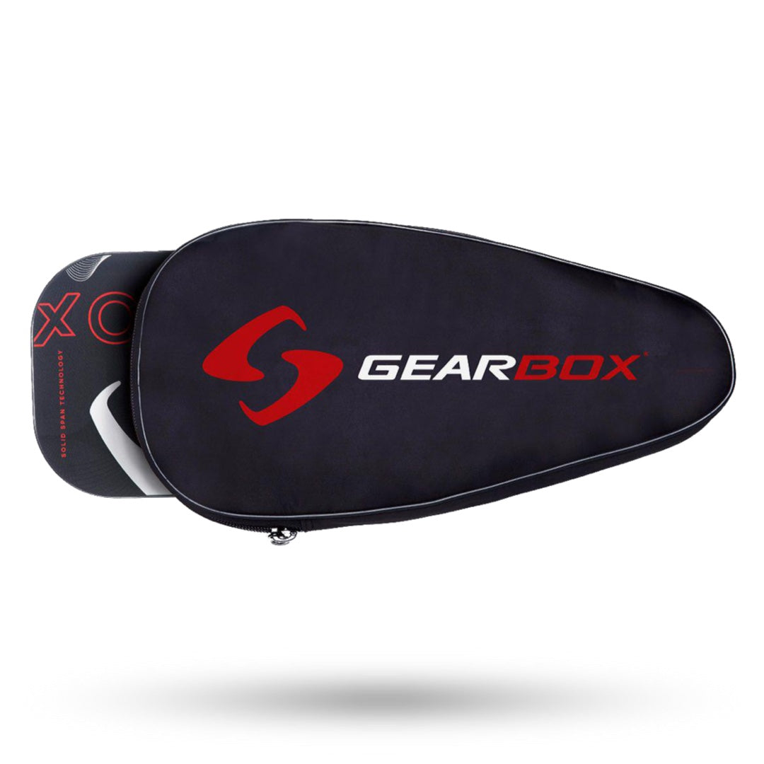 A black Gearbox tennis bag with the Gearbox logo, suitable for carrying GB paddles and as a carry case.