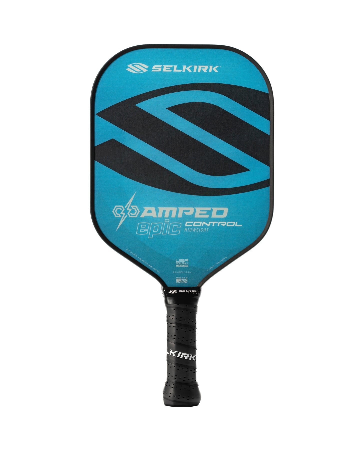 A Selkirk AMPED Control Epic 16mm pickleball paddle featuring blue and black colors, "Amped Epic Control" text on the face, and a handle with a black grip.