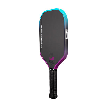 The JOOLA Perseus 3S Dual 16mm Pickleball Paddle features a black carbon fiber rectangular design with teal and purple edges and a black wrapped handle, displayed against a plain white background.