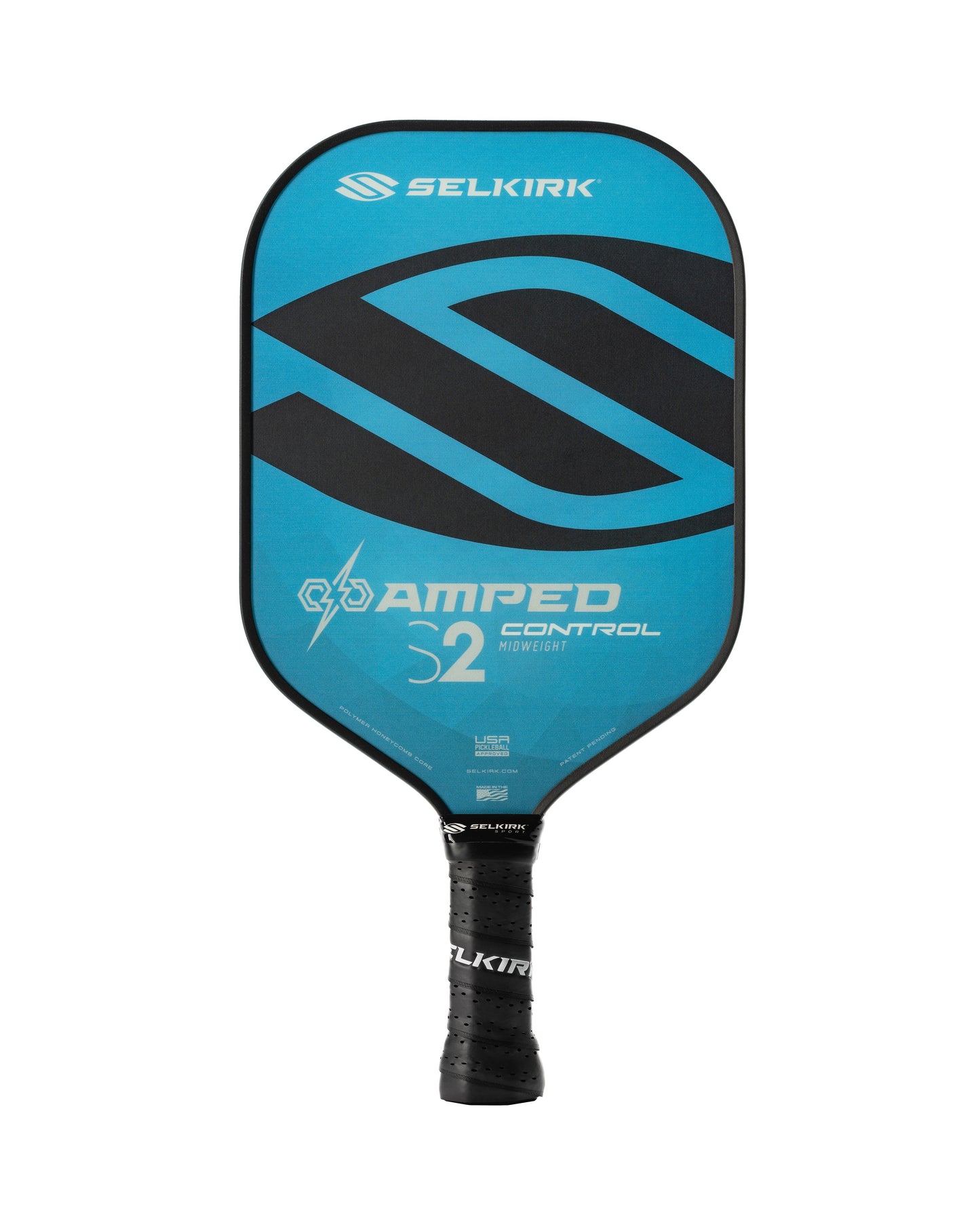 The Selkirk AMPED S2 16mm pickleball paddle features a blue design with a black handle and prominently displays the Selkirk logo.