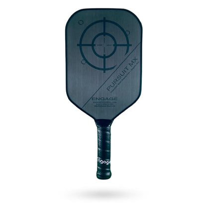 A black Engage Pursuit MX Pickleball Paddle with a circular target design centered on the face and the words "Pursuit MX" and "Engage" printed on the surface.