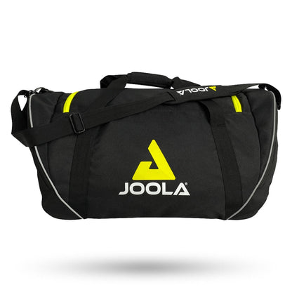 A black JOOLA Vision II Duffle Bag Pickleball Bag made from durable 600d polyester with yellow zippers and an adjustable shoulder strap, featuring the JOOLA logo on the front.