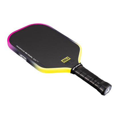 The JOOLA Magnus 3S Dual 14mm Pickleball Paddle features a black face, yellow edge, black grip handle, and a Charged Carbon Surface for enhanced power and control.