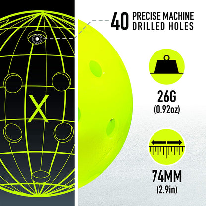 Graphic comparing two Franklin X-40 Outdoor Pickleball Balls designs, highlighting one with 40 machine drilled holes and a weight of 26 grams, alongside measurements and structural details. Brand Name: Pickleballist