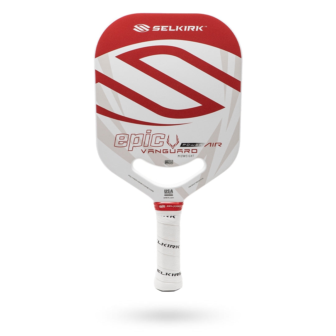 A Selkirk Power Air Epic Pickleball Paddle with a red and white handle.