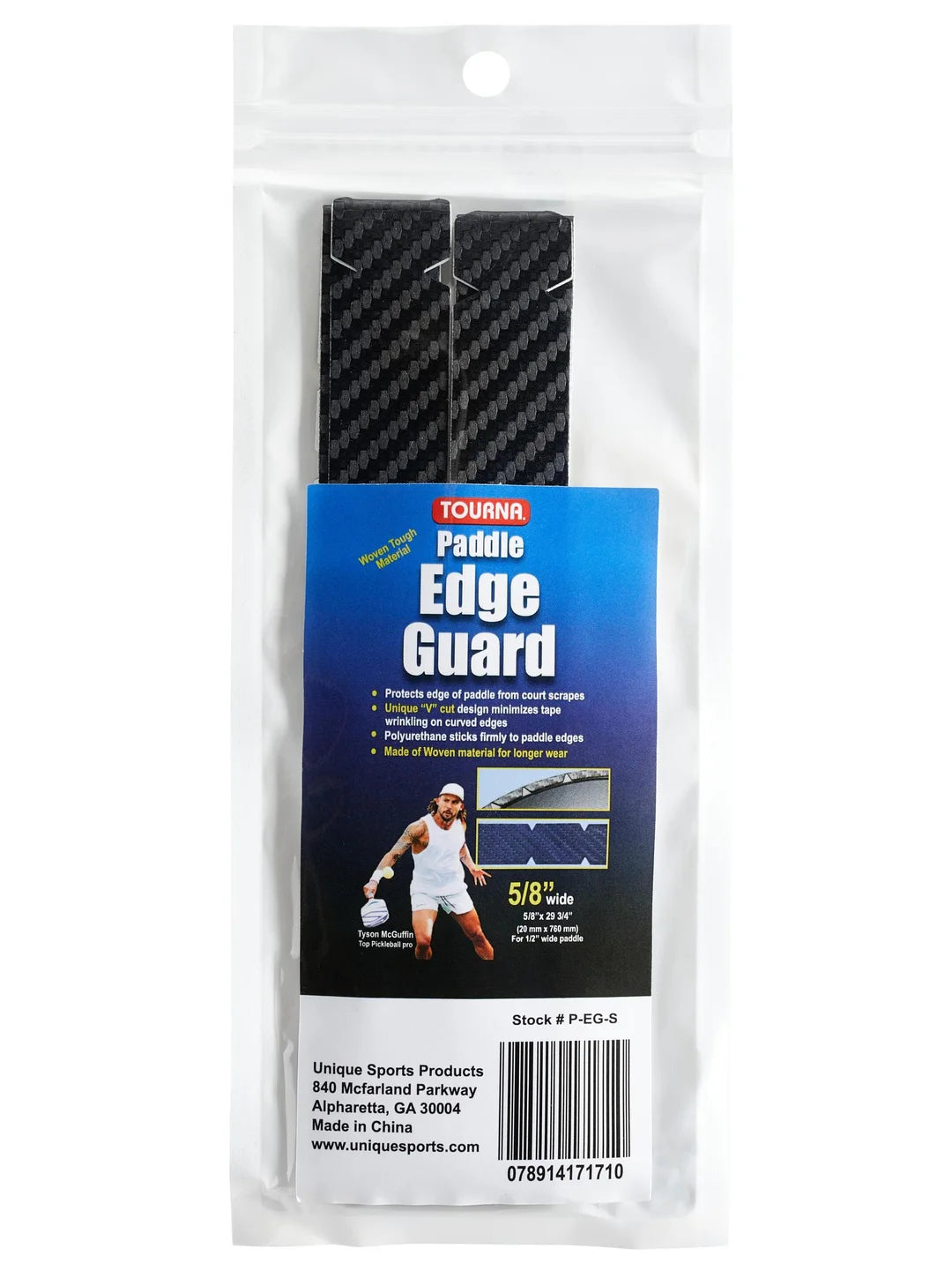 A packaged Tourna Pickleball Paddle Edge Guard (Woven Material) by Tourna, advertised for protection and improved performance in paddle sports. The package contains a black guard, 5/8 inch wide, and provides product details and contact information.