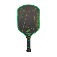 A Six Zero Double Black Diamond Control (16mm) Pickleball Paddle with a black face, green and yellow geometric designs, and green trim. The word "DIAMOND" is visible on the face alongside a logo near the top.