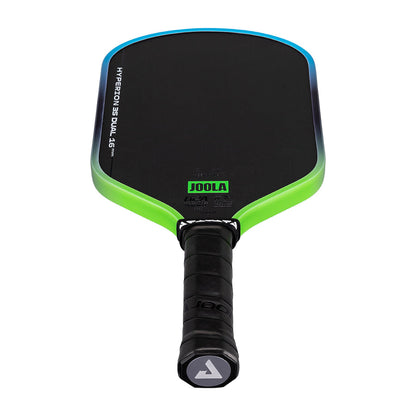 The JOOLA Hyperion 3S Dual 16mm Pickleball Paddle features a black Charged Carbon Surface, green accents, and a black grip, displayed from the handle end.