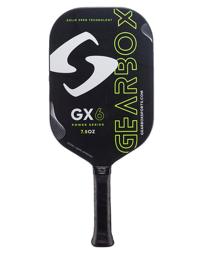 Pickleballist GX6 pickleball paddle with a green and black design, featuring the Pickleballist logo and the text "Solid Span Technology" on the face.