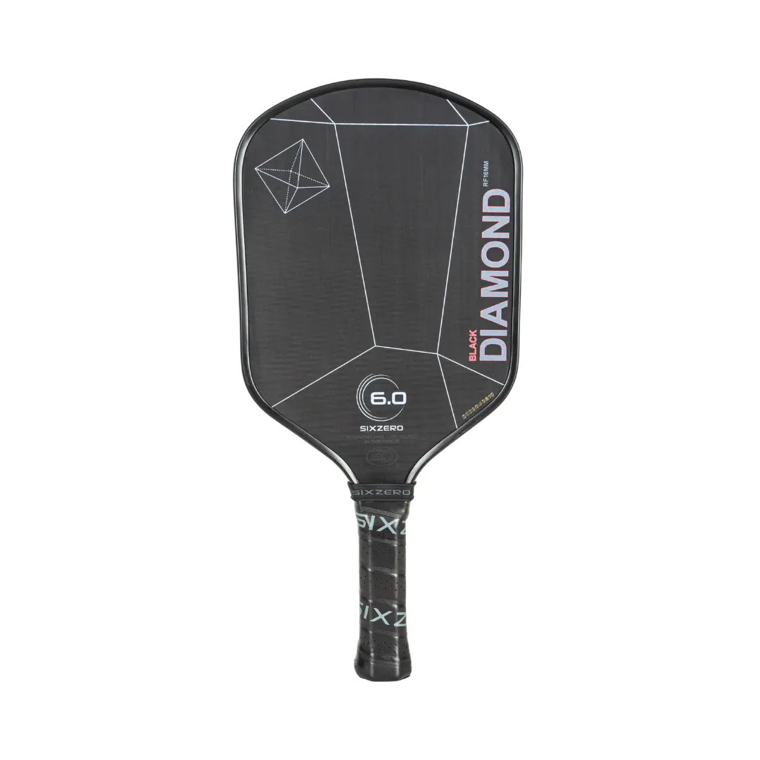 Black pickleball paddle featuring geometric designs and the text "SIXZERO BLACK DIAMOND POWER 16MM" on the surface.