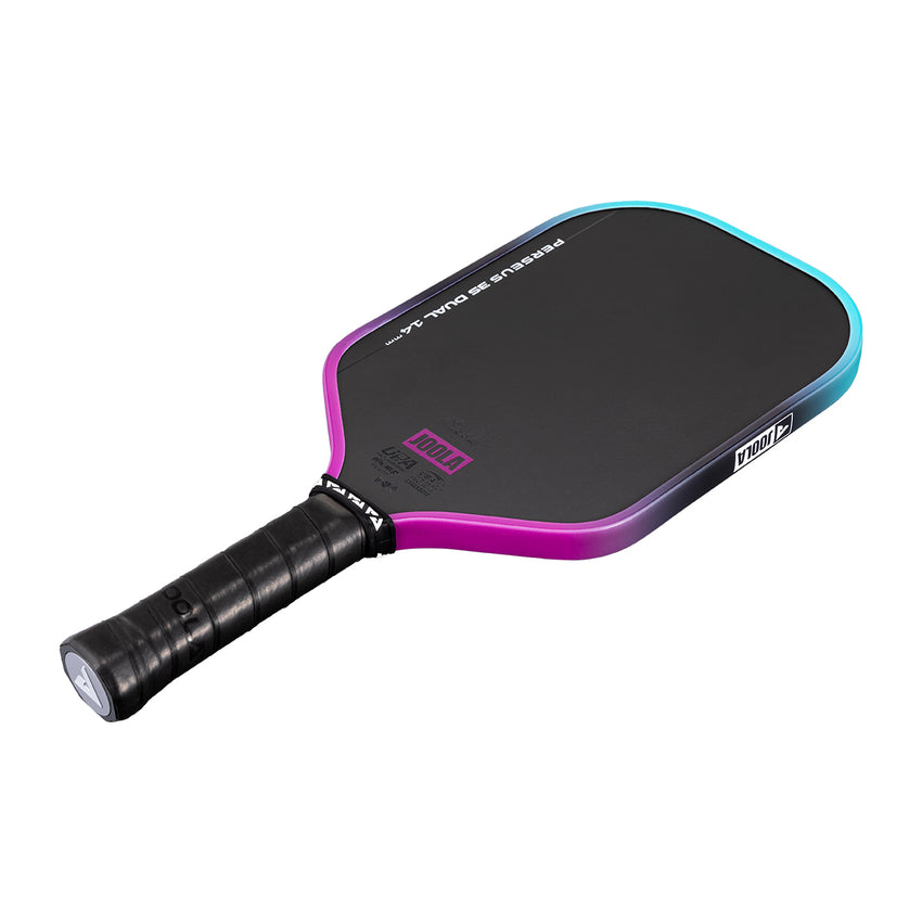 The JOOLA Perseus 3S Dual 14mm Pickleball Paddle features a black design with purple and turquoise edge, charged carbon surface, black textured grip, and minimal JOOLA branding on the handle and face.