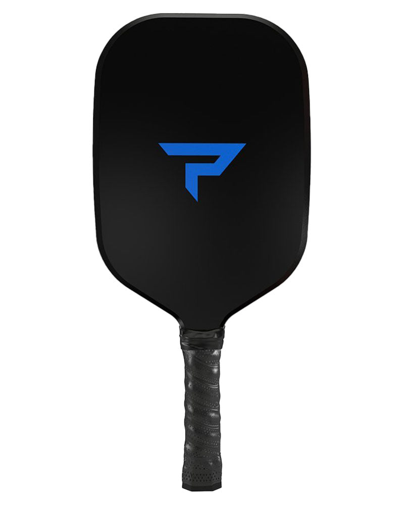 A Paddletek Bantam Sabre Pro Pickleball Paddle with a blue logo on it, endorsed by experienced singles player Scott Moore.
