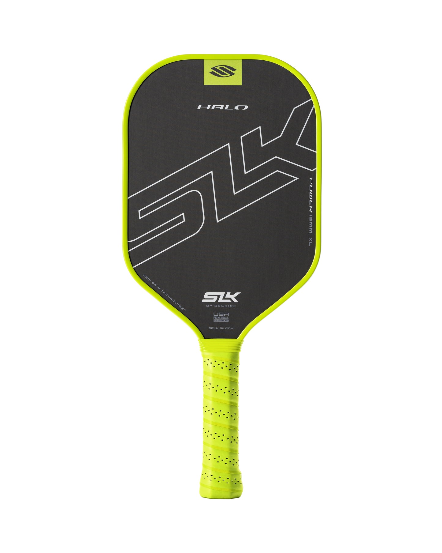 A Selkirk SLK HALO XL Power 13mm Pickleball Paddle in black and yellow, featuring a textured face and a perforated yellow grip.