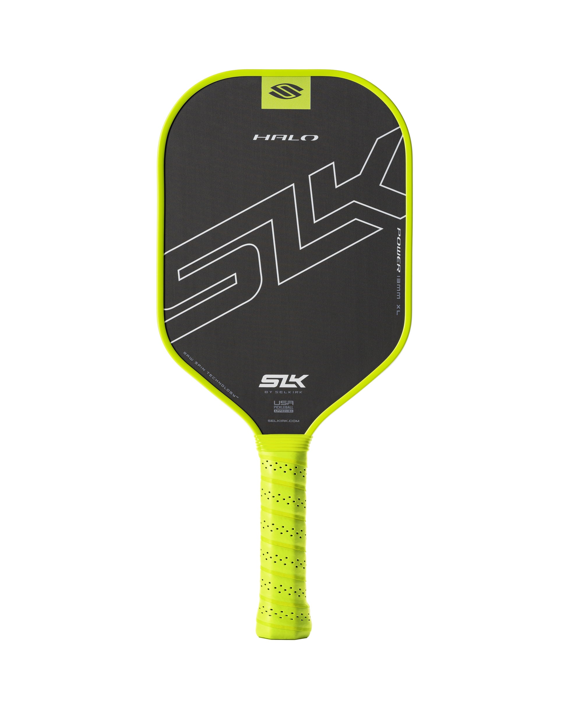 A Selkirk SLK HALO XL Power 13mm Pickleball Paddle in black and yellow, featuring a textured face and a perforated yellow grip.