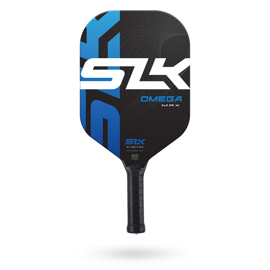 Black and blue Pickleballist SLK Omega Max pickleball paddle with a geometric design and the brand's logo displayed prominently.