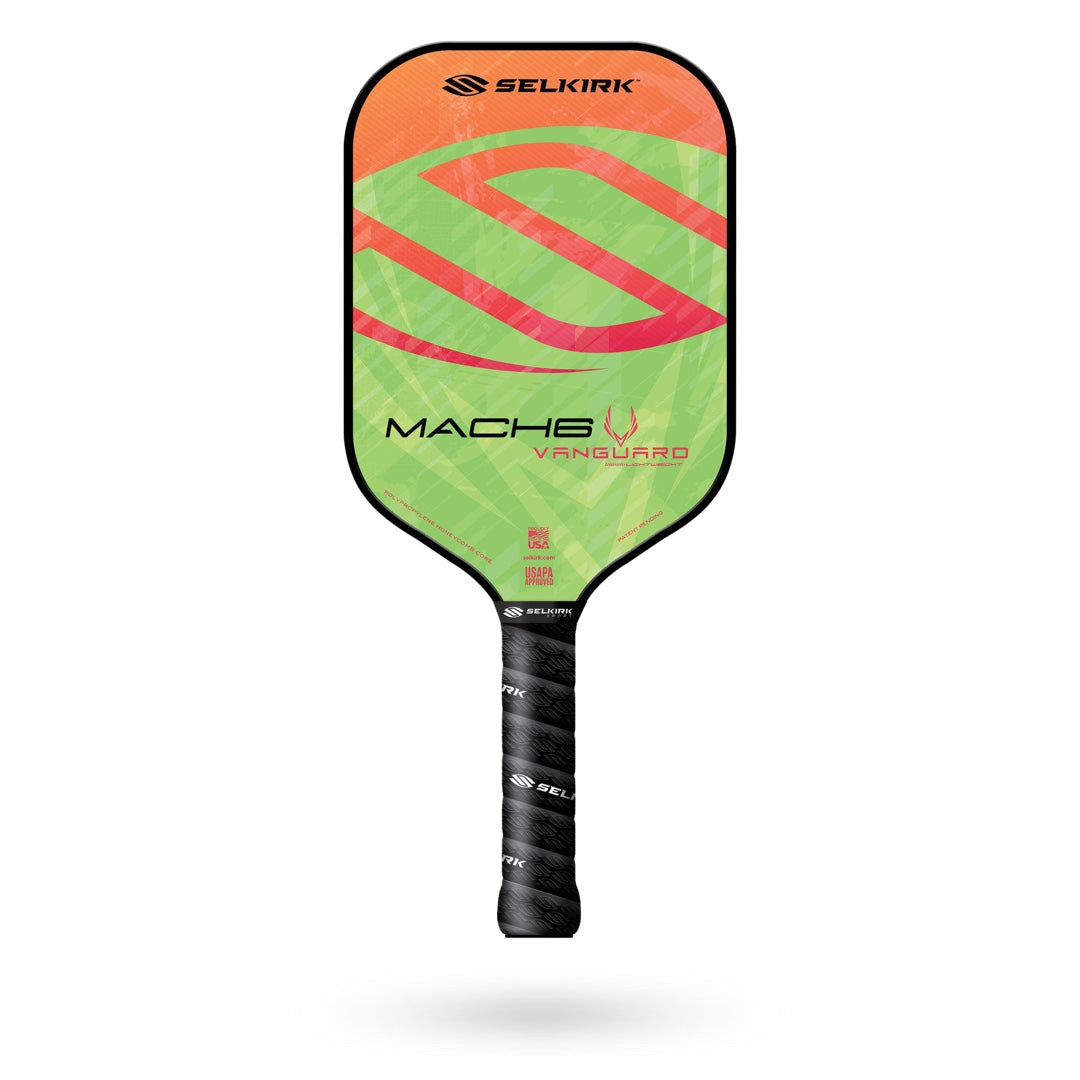 A Selkirk Vanguard Mach6 Pickleball Paddle with an orange and green design.