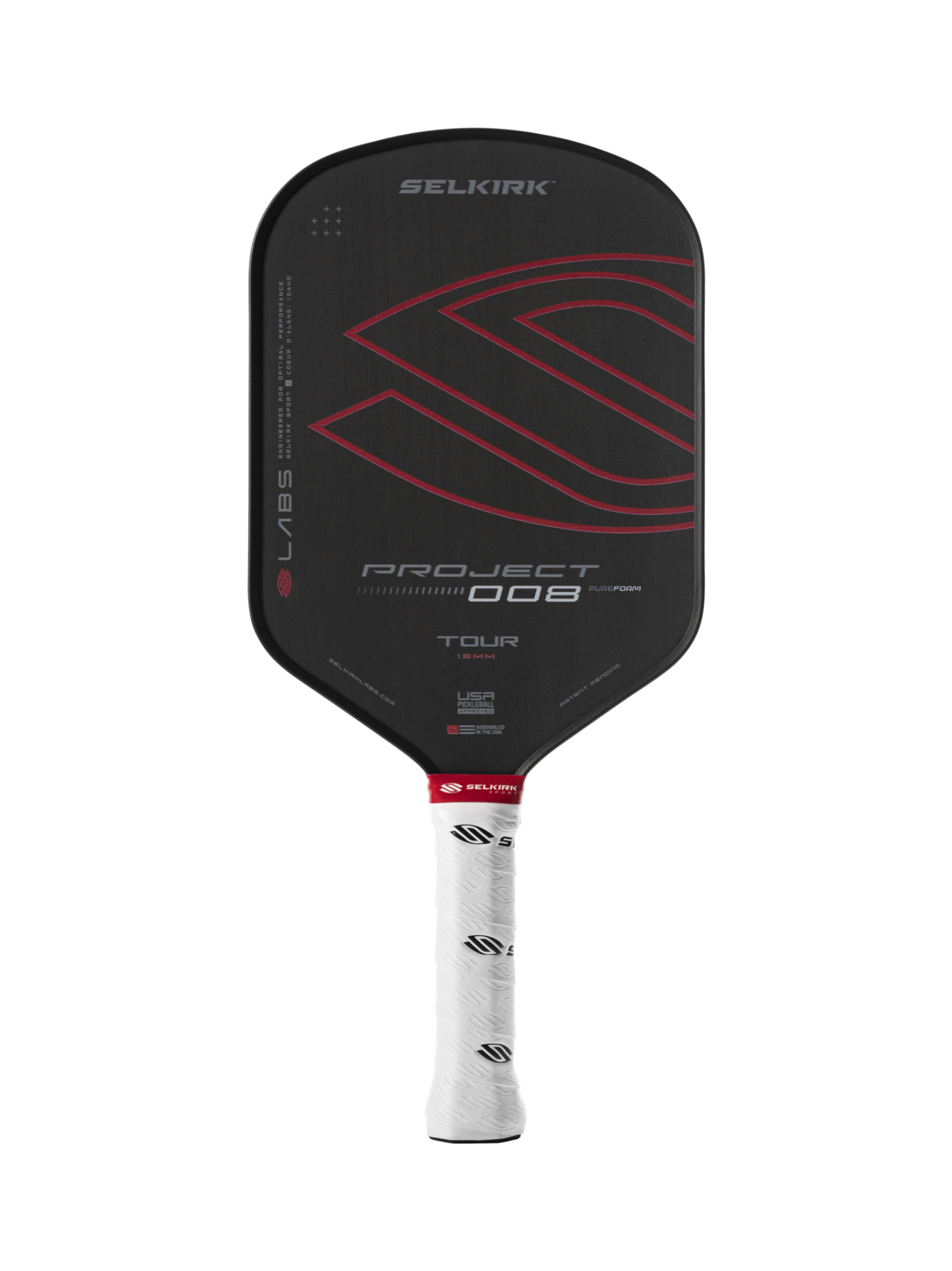 Selkirk Labs' Project 008 Tour Pickleball Paddle, black with a white grip, showcases red and white branding.