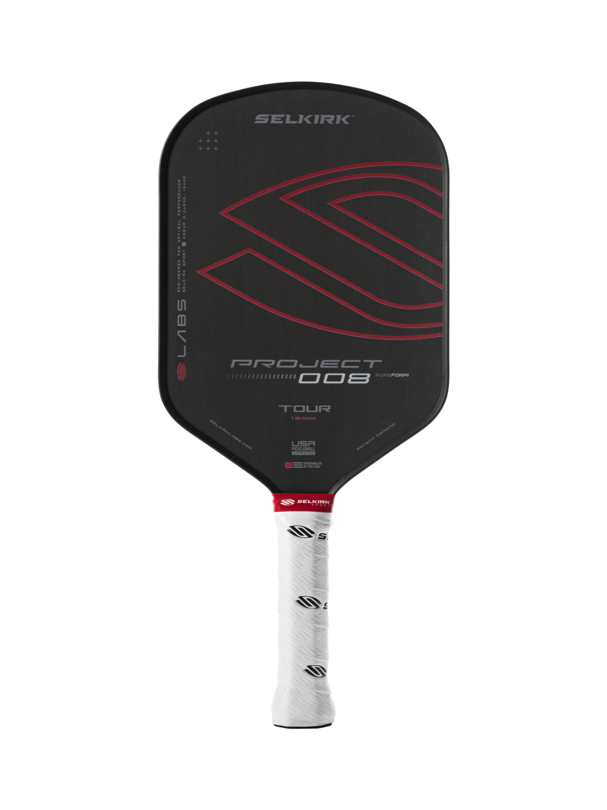 Selkirk Labs' Project 008 Tour Pickleball Paddle, black with a white grip, showcases red and white branding.