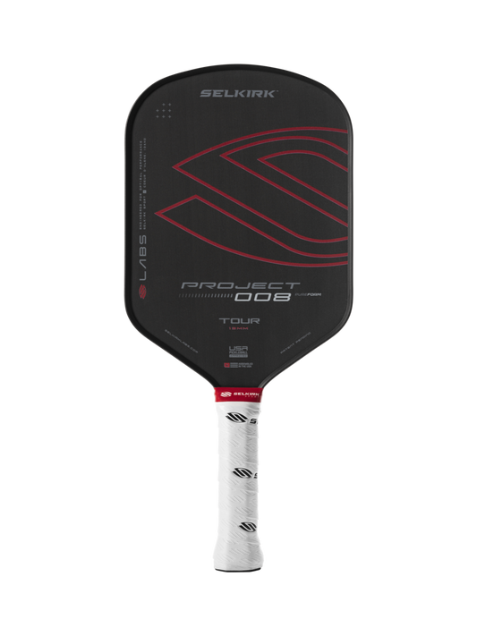 Selkirk Labs' Project 008 Tour Pickleball Paddle, black with a white grip, showcases red and white branding.