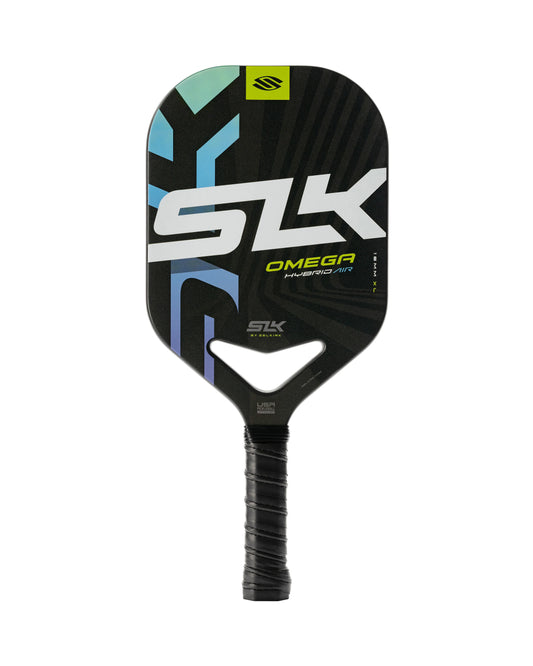 Black and green Selkirk SLK Omega XL Hybrid Air Pickleball Paddle with a black grip and white SLK logo.