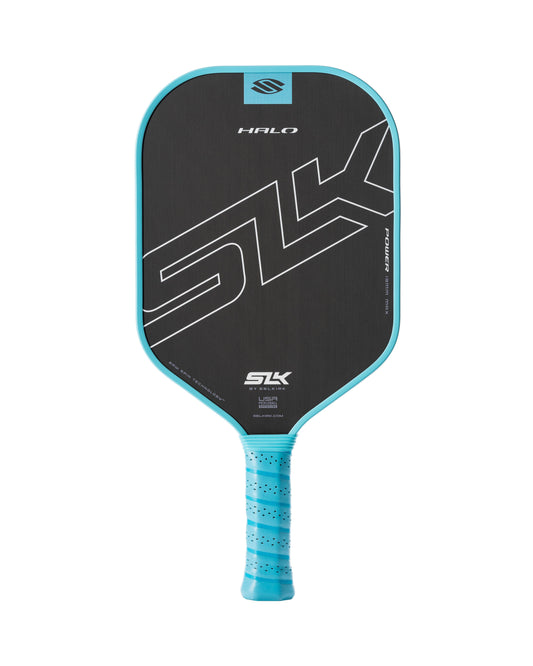 A Selkirk SLK HALO Max Power 13mm Pickleball Paddle featuring a black face, teal edges, and a matching teal grip, with "Halo" and "SLK" branding in white text.